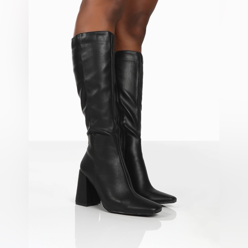 Public Desire Apology Black Pu Knee High Block Heel Boots - US 8